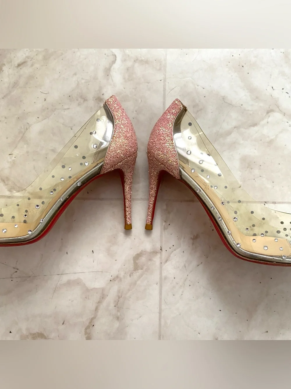 $1495 Christian Louboutin Degrastrass PVC Crystal Pink Glitter Pumps Heels 6/36